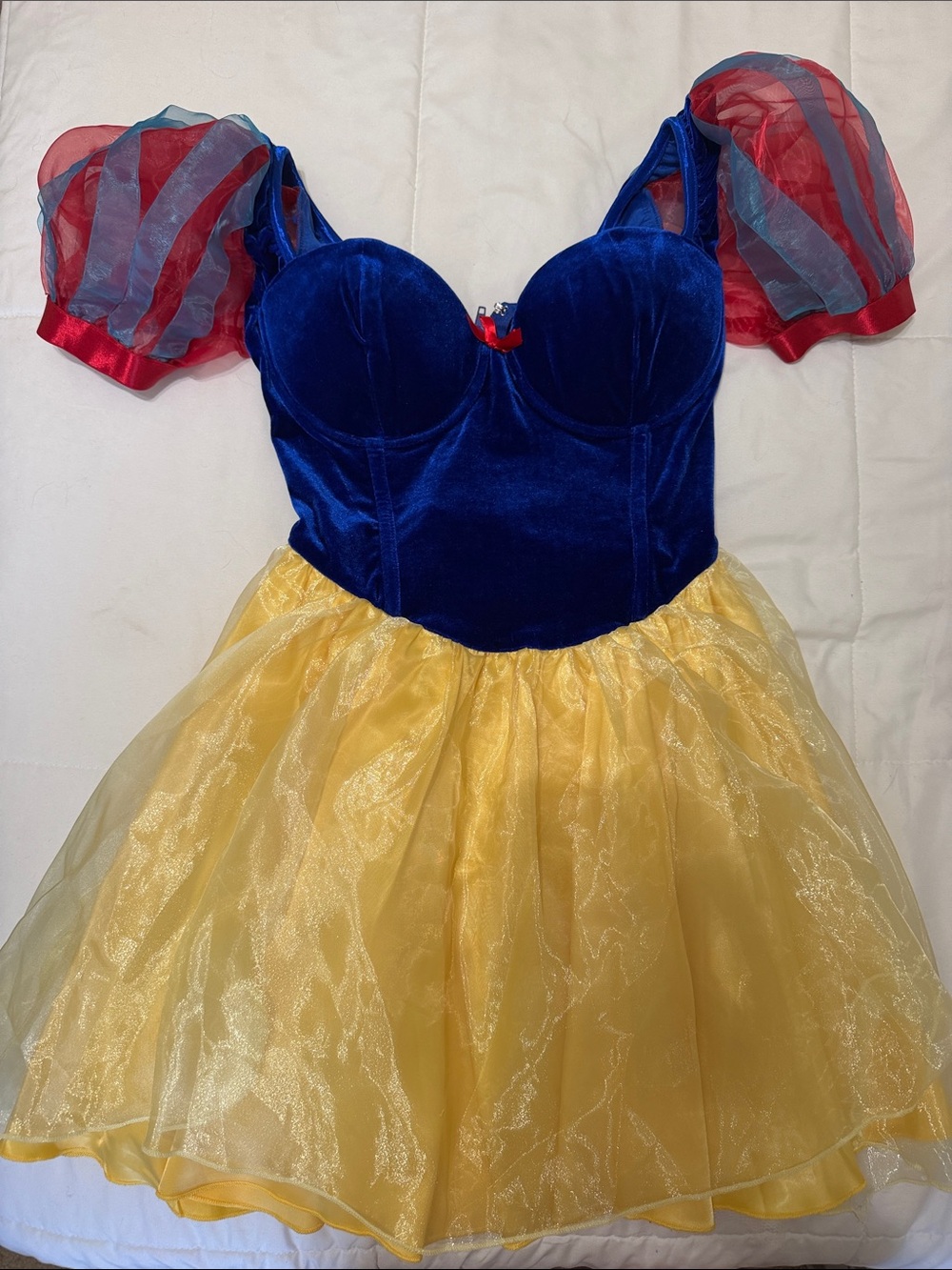 Classic Blue & Yellow Belle Dress with Red Puff Sleeves